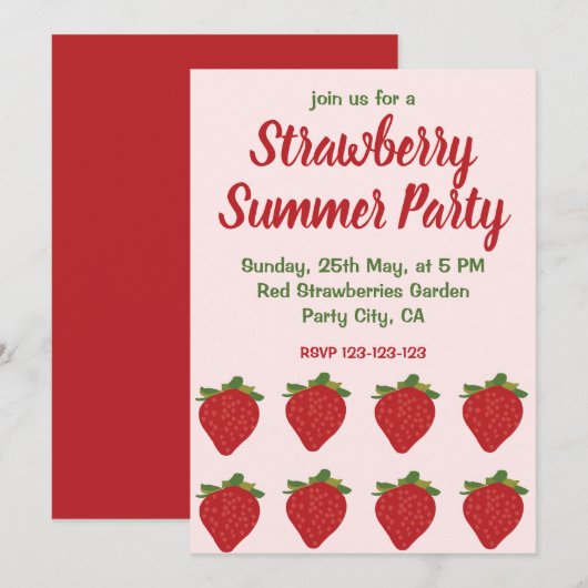 赤いイチゴのフルーツ イチゴ サマー パーティー 招待状 (正面/裏面)