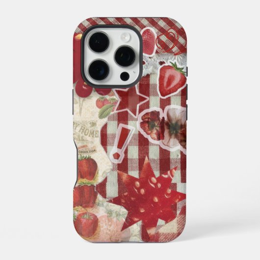赤いイチゴのリボンコラージュケース | かわいい美意識 iPhoneケース (裏面)