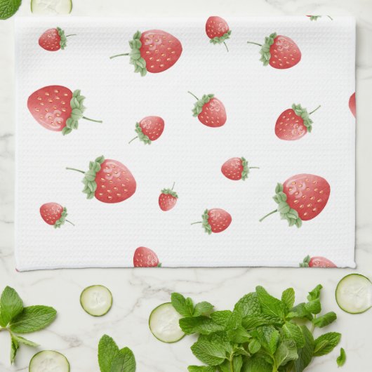赤いイチゴの柄 キッチンタオル (折り畳み)
