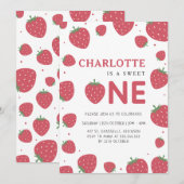 赤いイチゴの柄　夏の1歳誕生日 招待状 (正面/裏面)