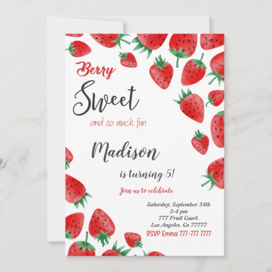 赤いイチゴの誕生日招待状 招待状 (正面)
