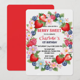 赤いイチゴの1歳誕生日パーティー（子供向け） 招待状