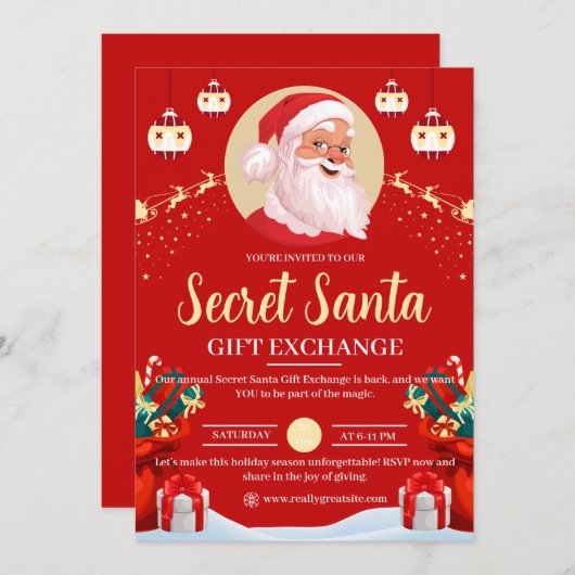 赤いイラストのシークレットサンタギフト交換フライヤー 招待状 (正面/裏面)