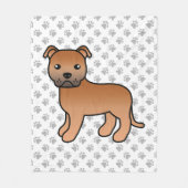 赤いイングリッシュ・スタッフィーがかわいい！漫画風の犬と足跡 フリースブランケット (正面)