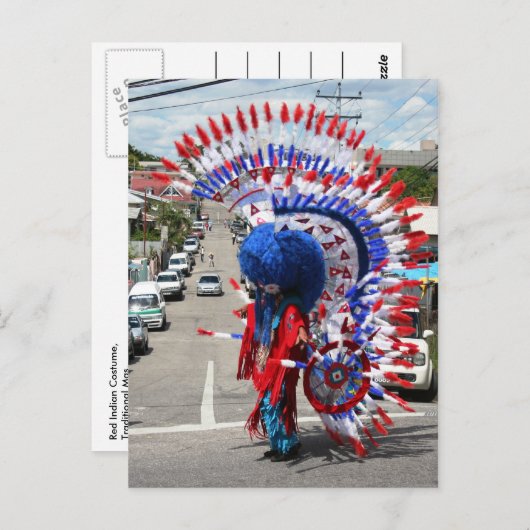 赤いインディアンの衣装伝統的、Mas、カーニバル ポストカード (正面/裏面)