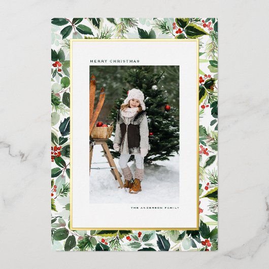 赤いウィンターベリーと様々な離れクリスマス 箔シーズンカード (正面)