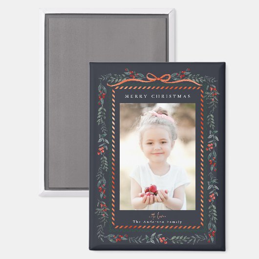赤いウィンターベリーのフレーム海軍のクリスマスフォト マグネット (正面/裏面)