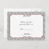 赤いウェディング付き白黒ダマスクRSVP インビテーションポストカード (正面/裏面)