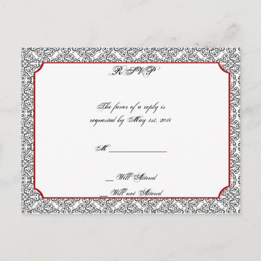 赤いウェディング付き白黒ダマスクRSVP インビテーションポストカード (正面)