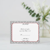 赤いウェディング付き白黒ダマスクRSVP インビテーションポストカード (スタンド正面)