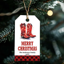 赤いウエスタンブーツのクリスマスギフトタグ