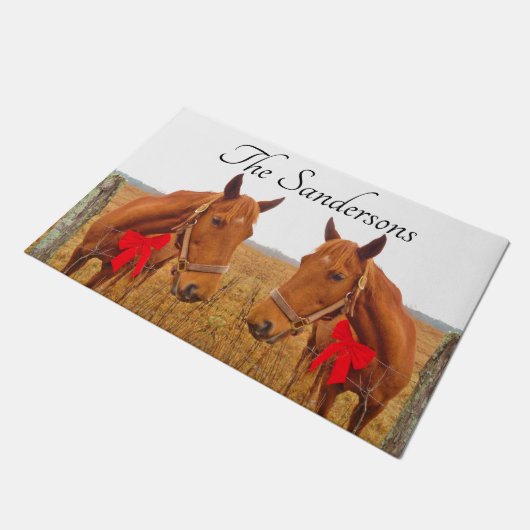 赤いウマ科の弓のドアマ付きクリスマスブラウンホース ドアマット (アングル)