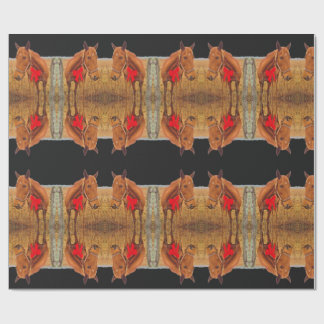 赤いウマ科の弓を持つクリスマスの茶色の馬 ラッピングペーパー