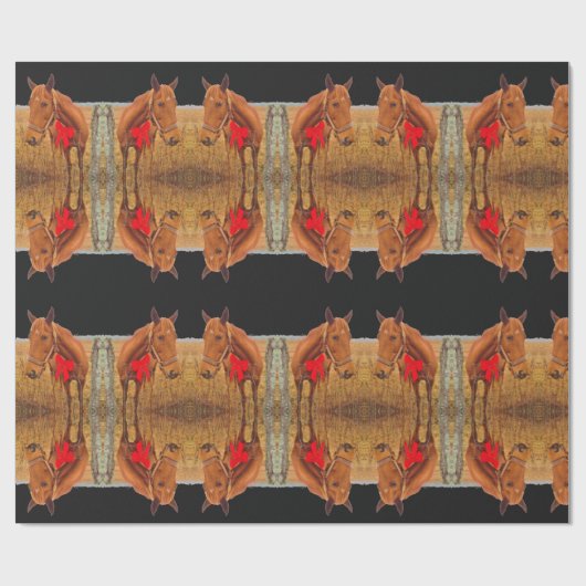 赤いウマ科の弓を持つクリスマスの茶色の馬 ラッピングペーパー (フラット)