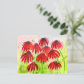 赤いエキナセアの花の水彩画ボタニカルアート シーズンポストカード (スタンド正面)