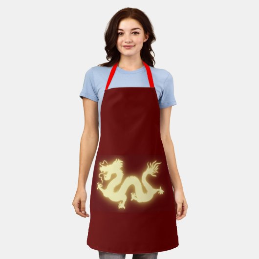 赤いエプロンと金ゴールド詳細中国の新 エプロン (着用した状態)