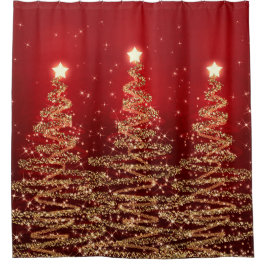 赤いエレガントなクリスマスのきらめくな木 シャワーカーテン