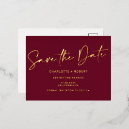赤いエレガントウェディング日付スクリプト金ゴールドを保存 箔招待状ポストカード