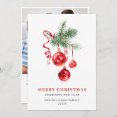 赤いエレガントオーナメントのクリスマスグリーティング写真 シーズンカード (正面/裏面)