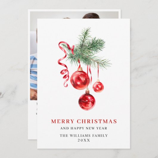 赤いエレガントオーナメントのクリスマスグリーティング写真 シーズンカード (正面/裏面)
