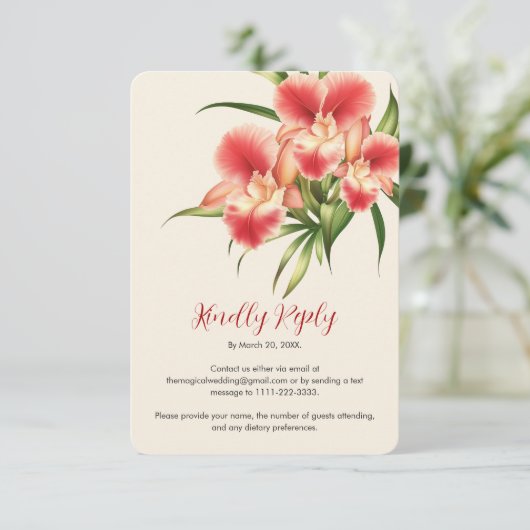 赤いエレガントカトレヤの蘭の花結婚の 出欠カード (スタンド正面)