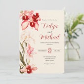 赤いエレガントカトレヤの蘭の花結婚の 招待状 (スタンド正面)