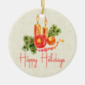 赤いエレガントキャンドルホリー葉ズハッピーホリデー セラミックオーナメント (正面)