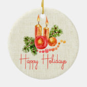 赤いエレガントキャンドルホリー葉ズハッピーホリデー セラミックオーナメント (裏面)