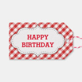 赤いエレガントギンガムパターンパーソナライズされた誕生日 ギフトタグ (正面(横))