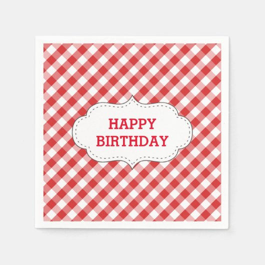 赤いエレガントギンガムパターンパーソナライズされた誕生日 スタンダードカクテルナプキン (正面)