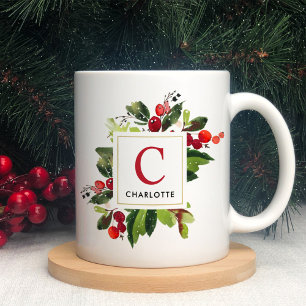 赤いエレガントクリスマスの緑のモノグラム コーヒーマグカップ