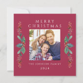 赤いエレガントクリスマスの緑の写真 シーズンカード (正面)