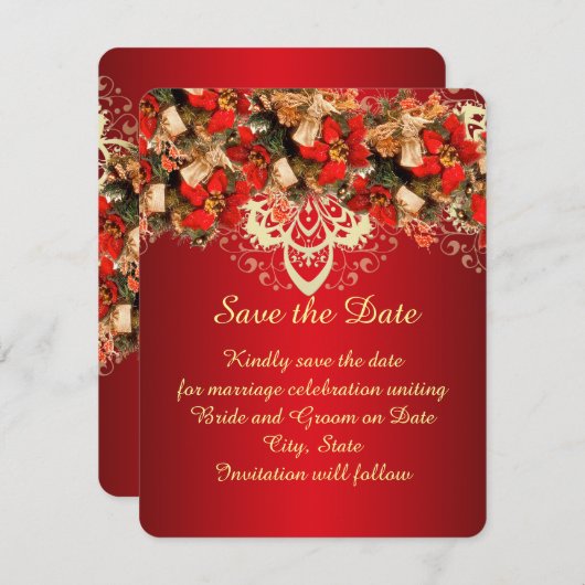 赤いエレガントクリスマスの願い日付を保存 セーブザデート (正面/裏面)