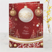 赤いエレガントクリスマスツリーとボールホリデー カード (黄色い花)