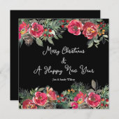 赤いエレガントクリスマスフラワーブラック背景 シーズンカード (正面/裏面)