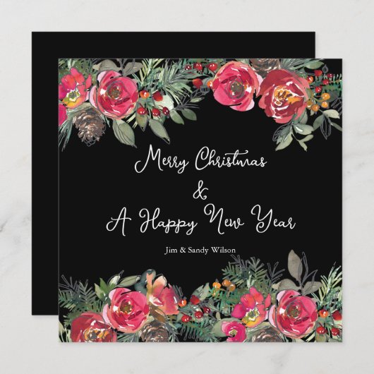 赤いエレガントクリスマスフラワーブラック背景 シーズンカード (正面/裏面)