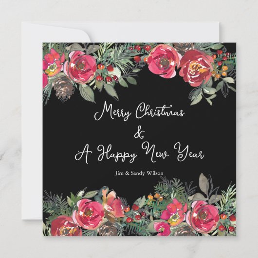 赤いエレガントクリスマスフラワーブラック背景 シーズンカード (正面)