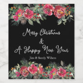 赤いエレガントクリスマスフラワーブラック背景 ワインラベル (シングルラベル)