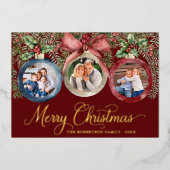 赤いエレガントクリスマス装飾家族の写真金ゴールド 箔シーズンカード (正面)