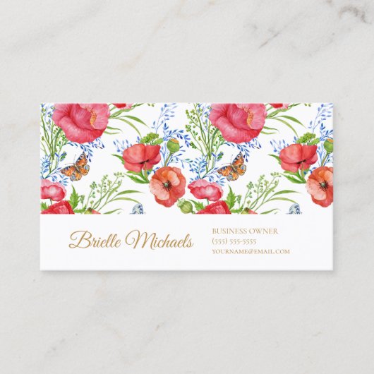 赤いエレガントケシと蝶と金ゴールドスクリップ 名刺 (正面)