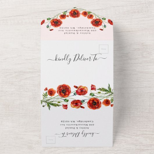 赤いエレガントケシのフローラ結婚が一斉に入る オールインワン招待状 (外側)