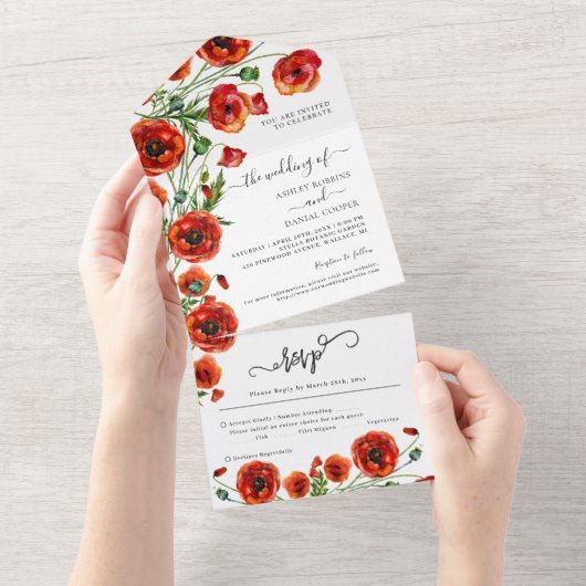 赤いエレガントケシのフローラ結婚が一斉に入る オールインワン招待状 (貼ってはがせる)