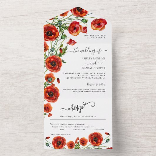 赤いエレガントケシのフローラ結婚が一斉に入る オールインワン招待状 (内側)