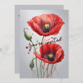 赤いエレガントケシの花フローラ結婚 招待状 (正面/裏面)