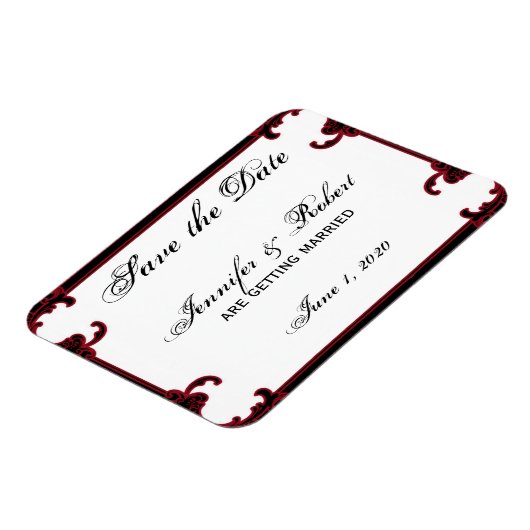 赤いエレガントゴシック様式の枠の日付を保存 マグネット (左側)