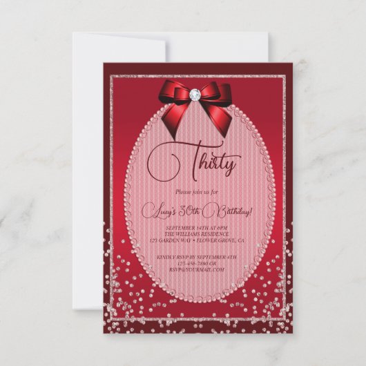 赤いエレガントジュエルボウ&紙吹雪誕生日 招待状 (正面)