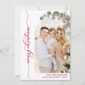 赤いエレガントスクリプトの葉の写真アーチクリスマス シーズンカード (正面)