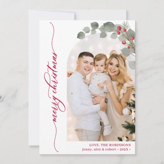 赤いエレガントスクリプトの葉の写真アーチクリスマス シーズンカード (正面)