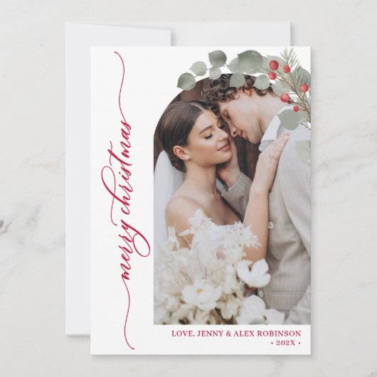 赤いエレガントスクリプトの葉の写真アーチクリスマス シーズンカード (正面)