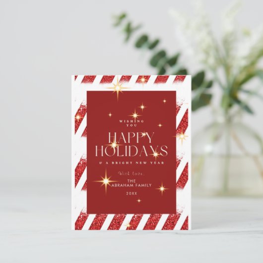 赤いエレガントストライプクリスマスきらめくの非写真 シーズンカード (スタンド正面)